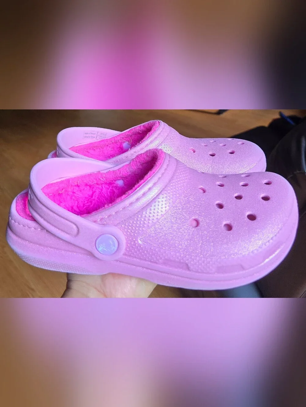 Sz 3 Little Girl's CROCS CLASSIC LINED Pink Glitter Comfort Clogs